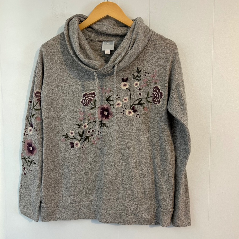Sunday Gray Heathered Cowl‎ Neck Embroidered Floral Sweatshirt Women's XS
